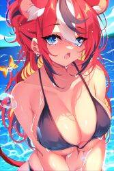 1girls :o animal_ear_fluff animal_ears beach big_breasts bikini black_swimsuit blue_eyes bow_on_tail hakos_baelz highres hololive hololive_english hololive_english_-council- hololive_english_-promise- light-skinned_female multicolored_hair rat_ears rat_girl rat_tail red_hair sea seaside squish squished_breasts swimsuit tagme the0ne-u-lost virtual_youtuber water wet_skin