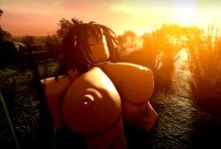 3d akira_asai big_breasts black_hair call_of_the_night huge_ass huge_breasts may_i_stand_unshaken roblox roblox_studio sun_rise white_eyes