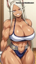 1girls 2d abs ai_generated animal_ears bangs bare_shoulders boku_no_hero_academia breasts cleavage collarbone dark-skinned_female dark_skin gloves grin highleg large_breasts long_eyelashes long_hair looking_at_viewer miruko muscular muscular_female my_hero_academia navel parted_bangs rabbit_ears rabbit_girl red_eyes self_upload shiny shiny_skin smile solo teeth thick_thighs thighs unjobdespiert usagiyama_rumi white_gloves white_hair