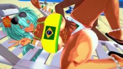 1boy 1girls 3d beach brazil brazilian brazilian_female brazilian_miku busty codeyumi female female_focus hatsune_miku hourglass_figure long_hair male outdoors outside sandals sex skimpy skimpy_clothes tagme tan tan_body tan_skin twintails vocaloid wide_hips