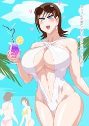 1girls alluring avataro_sentai_donbrothers bare_legs beach big_breasts bikini blue_eyes brown_hair cleavage one-piece_bikini otokam1117 sononi super_sentai