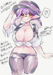 1girls big_breasts black_legwear boater_hat breasts cleavage hair inkling inkling_girl japanese_text looking_at_viewer miiinatochanowo navel nintendo purple_hair short_hair simple_background solo solo_female solo_focus splatoon splatoon_(series) splatoon_2 splatoon_3 tentacle tentacle_hair tongue tongue_out translation_request white_background yellow_eyes