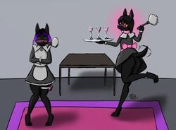 anthro anubian_jackal ass blush bondage bound breasts canine clothed clothing collar culixcupric dorago duo female hypnosis jackal looking_at_viewer maid_uniform male mammal mind_control multiple_subs sex_toy simple_background sitharoo uniform