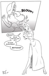 bouncing_breasts breasts dialogue disney dress female female_only greyscale high_heels holding_breast jessica_rabbit jklind monochrome nipples wardrobe_malfunction who_framed_roger_rabbit