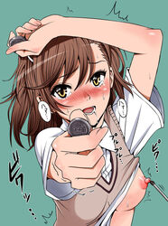 10s 1girls 2013 ^^^ alternate_breast_size alternate_eye_color areolae armpit_peek blush breasts brown_hair coin drooling erect_nipples female female_only green_background hi_res human inu_(marukome) medium_breasts misaka_mikoto nipples open_mouth pointer saliva school_uniform schoolgirl short_hair solo sweat sweater_vest tears teenage_girl teenager to_aru_kagaku_no_railgun to_aru_majutsu_no_index tokiwadai_school_uniform yellow_eyes young