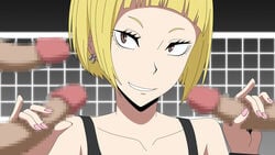 blonde_hair brown_eyes censored collarbone dark-skinned_male double_handjob earrings erection female gangbang haikyuu!! handjob highres looking_at_viewer mosaic_censoring nail_polish penis pink_nails short_hair simple_background sleeveless smile solo_focus tanaka_saeko_(haikyuu!!) upper_body volleyball_net