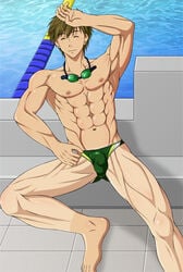 1boy abs armpits barefoot biceps bulge feet free! makoto_tachibana male male_only muscles muscular_armpits pecs serratus_anterior small_penis solo speedo