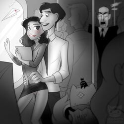 1girls 2boys boss_(paperman) clothed_sex disney female george_(paperman) greyscale happy happy_sex lipstick male meg_(paperman) monochrome ninjakitty no_panties paperman_(film) partially_colored penis public public_sex pussy straight