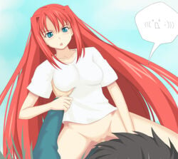 1boy 1boy1girl 1girls aozaki_aoko black_hair blue_eyes groping mahou_tsukai_no_yoru melty_blood red_hair shirt tagme tohno_shiki toono_shiki tsukihime type-moon vaginal_penetration white_shirt