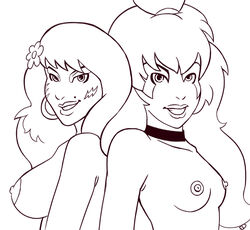 2girls edmd female flower jem_and_the_holograms kimber_benton large_breasts mole multiple_girls small_breasts stormer tagme