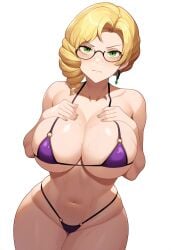 1girls ai_generated bikini blonde_female blonde_hair breasts glasses glynda_goodwitch green_eyes huge_breasts large_breasts mature mature_female micro_bikini milf rwby viz_media