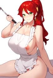 1girls ai_generated apron apron_only breasts green_eyes huge_breasts large_breasts pyrrha_nikos red-haired_female red_hair rwby tiara viz_media