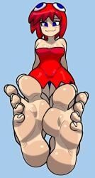 1girl 1girls 2026 barefeet barefoot blinky_(pac-man) blue_eyes blue_underwear clothed clothing commission commission_art commissioner_upload feet foot_fetish foot_focus ghost ghost_girl minus8 pac-man_(series) reathroch red_dress red_hair sole_female soles solo solo_female toes underwear watermark