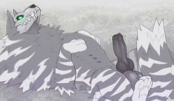 2023 animal_genitalia animal_penis balls bone canid canine canine_genitalia canine_penis erection feral fluffy fluffy_mane fur genitals green_eyes greyscale hi_res knot knotted_penis lying male mammal mane markings monochrome monster motion_lines on_back pawpads paws penis qwertydragon skull skull_head skulldog_(species) solo striped_body striped_fur striped_markings striped_tail stripes tail tail_markings teeth throbbing throbbing_penis twitching