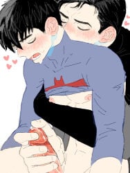 age_difference batcest batman batman_(series) bruce_wayne brujay clothed_male_partially_nude_male dc dc_comics erection gay handjob incest jason_todd jason_todd_cries_during_sex loving_aura male_nipples nipples penis pinotyaki reach_around red_hood_(dc) shirt_lift tagme