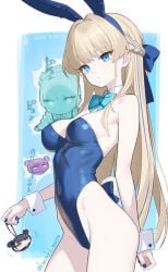 1girl animal_ears bare_shoulders blonde_hair blue_archive blue_eyes blue_leotard blue_streaks bow bowtie braid breasts cleavage commentary_request covered_navel detached_collar fake_animal_ears halo highleg highleg_leotard kanzaki_muyu kisaki_(blue_archive) leotard long_hair looking_at_viewer medium_breasts multicolored_hair multiple_views playboy_bunny rabbit_ears rabbit_tail streaked_hair tail thighhighs thighs toki_(blue_archive) toki_(bunny)_(blue_archive) white_thighhighs wrist_cuffs