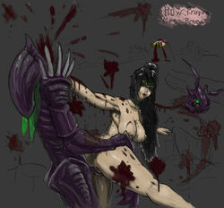 akali_jhomen_tethi blood blood_everywhere claws death decapitation female gore green_eyes grey_background guro hands_on_hips insect interspecies kha'zix league_of_legends male male_death necrophilia purple_skin rape riot_games severed_head sex_from_behind tagme teemo title vaginal