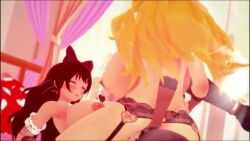 2girls animated bird_singing black_hair blake_belladonna blonde_hair canon_couple cat_ears lesbian_couple pierced_nipples rwby sound sound_effects stormstriker tagme video yang_xiao_long