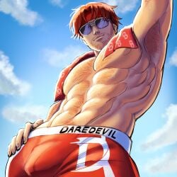 1boy bara beach bulge daredevil daredevil_(marvel_rivals) male male_only marvel marvel_rivals muscular muscular_male red_hair solo