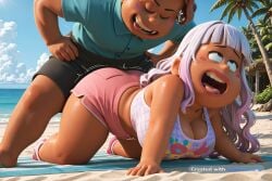 1boy 1girl ahegao ai_assisted ai_generated anime_screencap anime_style beach blunt_bangs brown_skin cleavage colorful contrast curvaceous curvy day daytime deep_cleavage detailed_face doggystyle dramatic_lighting faceless_male facing_viewer flat_belly hair_down hands_on_hips highly_detailed hourglass_figure huge_breasts kanna_kamui long_hair looking_at_viewer motion_lines narrow_waist nipples on_all_fours rape rape_victim shirt shorts slim_waist smirk sunny tall_female tongue_out vanessa voluptuous wavy_hair wide_hips