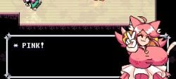 2026 2d :3 artist_request big_breasts breasts_bigger_than_head cat_ears cat_tail catgirl closed_eyes deltarune deltarune_chapter_5 dialogue long_hair mad_mew_mew mew_mew_kissy_cutie nipples_visible_through_clothing pink_hair pink_shirt sprite_edit text toby_fox undertale v_sign white_gloves white_skirt