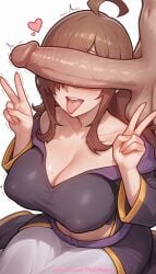 1girl 2026 ahoge ai_generated artist_name big_breasts big_chest big_tits boobs breasts brown_hair bust busty chest cleavage cock dick double_v double_w erection heart hetero hi_res high_quality highres kono_subarashii_sekai_ni_shukufuku_wo! large_breasts motion_lines patreon patreon_username penis penis_on_face pinkname testicles tits tongue tongue_out transparent_background trembling twitching_penis uncensored v veins veiny_penis w watermark wiz_(konosuba)