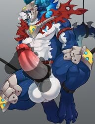 anthro balls bdsm belt big_balls big_penis bodily_fluids bondage bound clenched_teeth disembodied_hand dragon genital_fluids genitals hi_res karukim male mastema_(dragon_village) muscular muscular_male mythological_creature mythological_scalie mythology nipples pecs penis precum scalie solo stroking_penis teeth