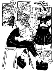 2016 2girls black_and_white blackjunkgallery bob_cut cellphone jeans like_and_retweet magic_staff original original_character platform_shoes sapphic selfie shirt_lift skirt witch