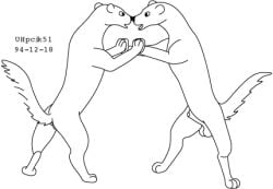 1994 animal_genitalia balls black_and_white dated duo eye_contact female feral fur genitals looking_at_another low_res male male/female mammal monochrome nose_to_nose nude_male open_mouth paws sheath simple_background standing tail touching_another unknown_species urbanhermit white_background