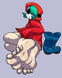 1girl 1girls 2026 barefeet barefoot boots clothed clothing commission commission_art commissioner_upload feet foot_fetish foot_focus green_hair hoodie light-skinned_female light_skin mask minus8 nintendo reathroch shy_gal sole_female soles solo solo_female toes watermark