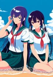 2girls ai_generated blush busujima_saeko simple_background sitting takamine_takane