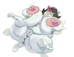 anthro ass black_hair breasts cat catti_(deltarune) cellulite deltarune female hand_on_breast highlights huge_ass huge_breasts monster motion_lines nondelismell pussy video_games yellow_eyes