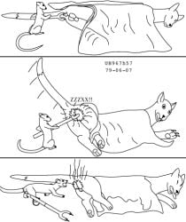 3_panel_comic anus balls balls_eating bedding blanket cattle_prod claws comic death domestic_cat duo electrocution eyes_closed felid feline felis feral fried_balls fur genitals imminent_electrocution male male/male mammal monochrome murid murine rat rodent shocked sleeping smoke tail tongue tongue_out urbanhermit wide_eyed zapped