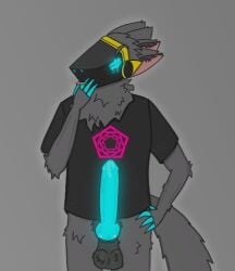 4_ears 4_fingers balls big_balls big_penis bodily_fluids carpenter_brut cigarette claws clothing d0ne erection fingers fluffy genital_fluids genitals glowing glowing_genitalia glowing_penis knot knotted_penis leaking_precum machine male messy_fur morning_wood multi_ear penis precum protogen pubes shirt smoking smoking_cigarette solo sweat sweaty_balls sweaty_genitalia t-shirt tired topwear visor