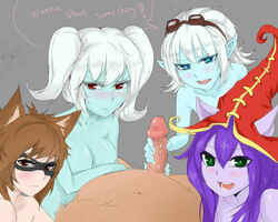 animal_ears blue_eyes blue_skin blush breasts brown_eyes brown_hair green_eyes kennen league_of_legends looking_at_viewer lulu_the_fae_sorceress masturbation multiple_girls penis pervert poppy purple_hair purple_skin red_eyes riot_games rule_63 scofa smile tristana white_hair yordle