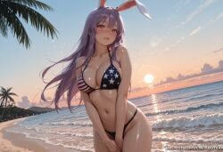 1girl ai_generated american_flag_bikini animal_ears bangs bare_shoulders beach bikini blush breasts cleavage collarbone cowboy_shot flag_print kermixx large_breasts long_hair looking_at_viewer navel ocean outdoors palm_tree parted_lips purple_hair rabbit_ears red_eyes reisen_udongein_inaba sky solo sun sunset swimsuit touhou tree v_arms water wet