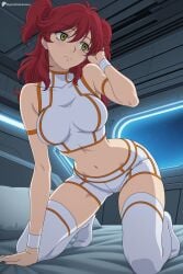1girl ai_generated bed blush breasts cafe_stella_to_shinigami_no_chou crop_top digitalwaifugallery earrings freckles hi_res high_quality high_resolution jewelry kneeling large_breasts long_hair midriff navel nena_trinity patreon patreon_username red_hair seductive sexy shorts solo thighhighs two_side_up uncensored watermark white_shorts white_thighhighs yellow_eyes