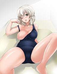 bathtub binbougami_ga! blush breast_slip breasts brown_eyes female final_bento grey_hair ichiko_sakura large_breasts nipples one_breast_out partially_submerged sakura_ichiko school_swimsuit short_hair smile solo swimsuit water wink