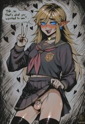 ai ai_art ai_generated almond_eyes androgynous bare_thighs black_lipstick black_nails blue_eyes blush boyfriend chastity_cage choker crossdressing cute dirty_talk earrings exhibitionism femboy feminine_male feminization flat_chastity_cage flushed girly girly_boy golden_hair goth hylian hylian_ears link link_(breath_of_the_wild) link_(tears_of_the_kingdom) long_hair long_nails luxica nintendo novelai penis romantic school_uniform schoolgirl schoolgirl_uniform skirt skirt_lift skirt_up sole_femboy sole_male solo teasing teasing_viewer text the_legend_of_zelda trap triforce twink uncensored v_sign