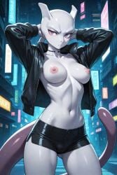 ai_generated anthro boobs breasts clothing female furry humanoid jacket mammal mewtwo nipples nude pokemon pokemon_(species) topless