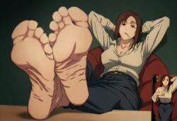 1girls barefoot blush cigarette feet female femdom first_person_view foot_fetish horny jujutsu_kaisen looking_at_viewer musk musk_clouds musky_feet office_clothing office_lady pleasure_face pov pov_eye_contact pov_feet red_hair shoko_ieiri smell smelly smelly_feet solo sweat sweatdrop sweating sweaty sweaty_body sweaty_feet timruya wrinkled_feet