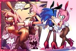 3:2 amy_rose anthro bent_over blue_body blue_fur blush blush_lines bodily_fluids bunny_costume butt_slap clothing costume duo eulipotyphlan fake_ears fake_rabbit_ears female footwear fur gloves halfgalaxy handwear hedgehog hi_res high_heels legwear leotard looking_back male male/female mammal nervous nervous_smile pantyhose pink_body pink_fur red_clothing red_footwear red_high_heels sega sex shoes slap smile sonic_the_hedgehog sonic_the_hedgehog_(series) spanking speech_bubble sweat