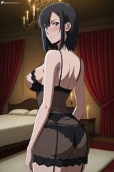 1girl ai_generated ass bed bedroom black_hair black_panties blush bra breasts candle chandelier closed_mouth cowboy_shot curtains digitalwaifugallery from_behind garter_belt hanebado! hi_res high_quality high_resolution indoors large_breasts lingerie looking_at_viewer looking_back nipples panties patreon purple_eyes seductive see-through sexy shiwahime_yuika short_hair solo standing uncensored underwear watermark
