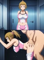 ai_generated fat_man from_behind_position fumina_hoshino gundam gundam_build_fighters_try gym_clothes gym_uniform hoshino_fumina older_male_and_younger_female smiley_face sports_uniform standing_doggy_style