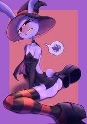 1boy 2026 2d artist_request black_dress black_hat blush boots bunny_boy bunny_ears bunny_tail exposed_ass full_color glitch_productions gooseworx halloween jax_(tadc) jax_(the_amazing_digital_circus) looking_at_viewer purple_skin sitting solo speech_bubble striped_stockings text the_amazing_digital_circus trans_woman_(lore) watermark witch_hat witch_jax_(the_amazing_digital_circus) yellow_sclera