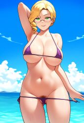 1girls ai_generated bikini blonde_female blonde_hair glasses glynda_goodwitch green_eyes mature mature_female micro_bikini milf pubic_hair pubic_hair_peek rwby viz_media