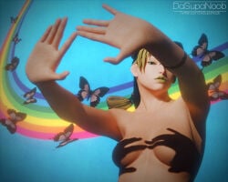 1girls 3d braided_ponytail breasts butterfly censored censored_breasts covering_breasts dasupanoob extended_arm female green_eyes green_hair green_lipstick hair_bun jojo's_bizarre_adventure jolyne_kujo nude rainbow shadow solo stone_ocean