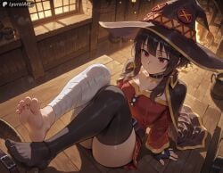 1girl 1girls absurd_res absurd_resolution absurdres ai_generated areolae ass bandaged_leg bandages barefoot black_legwear brown_hair curvaceous curvy curvy_female curvy_figure feet feet_fetish feet_focus feet_together feet_up female female_focus flirting flirting_with_viewer foot foot_fetish foot_focus foot_play foot_worship hair hi_res high_quality high_resolution highres kono_subarashii_sekai_ni_shukufuku_wo! konosuba:_god's_blessing_on_this_wonderful_world! lyuraiart megumin red_eyes small_breasts soles soles_female soles_fetish soles_focus teasing thick_ass thick_thighs thighs toes vagina wide_hips witch_hat