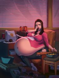 0pik-0ort 1girls annie_edison belly belly_stuffing big_belly big_breasts bloated bloated_belly breasts brown_hair cleavage community eating female female_only food huge_belly inflation plate solo solo_female stuffed_belly stuffing what