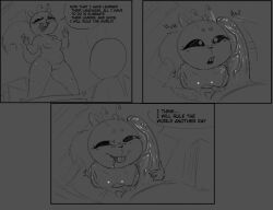 alien antennae_(anatomy) anthro bedroom belly black_sclera bodily_fluids breasts buckteeth comic dialogue duo english_text erection female fluffy fluffy_tail genitals hi_res human male male/female mamasoyanini mammal monochrome narrowed_eyes nipples nude nude_anthro nude_female penis pupils rodent saliva sciurid small_breasts speech_bubble tail teeth text vein veiny_penis vulva white_pupils